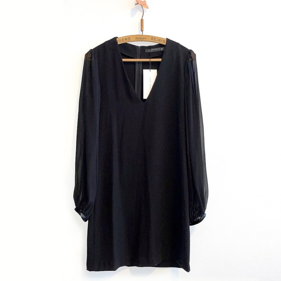 NWT Zara Contrasting Mini Black Dress V-neck with Puff Sleeves XS - Picture 2 of 10